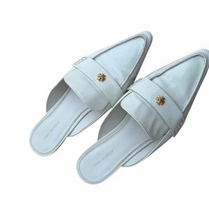Tory Burch White Pointed Mules loafer with Gold Accent